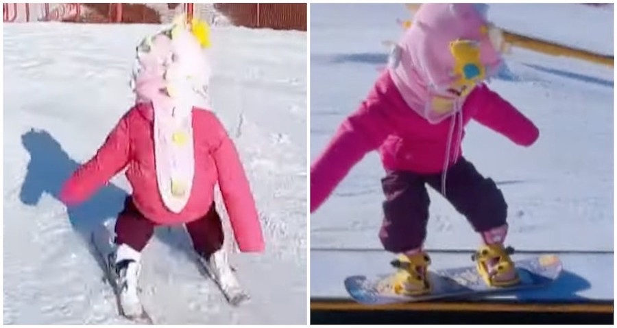 El video viral de la niña china de 4 años que esquía y hace snowboard como una profesional
