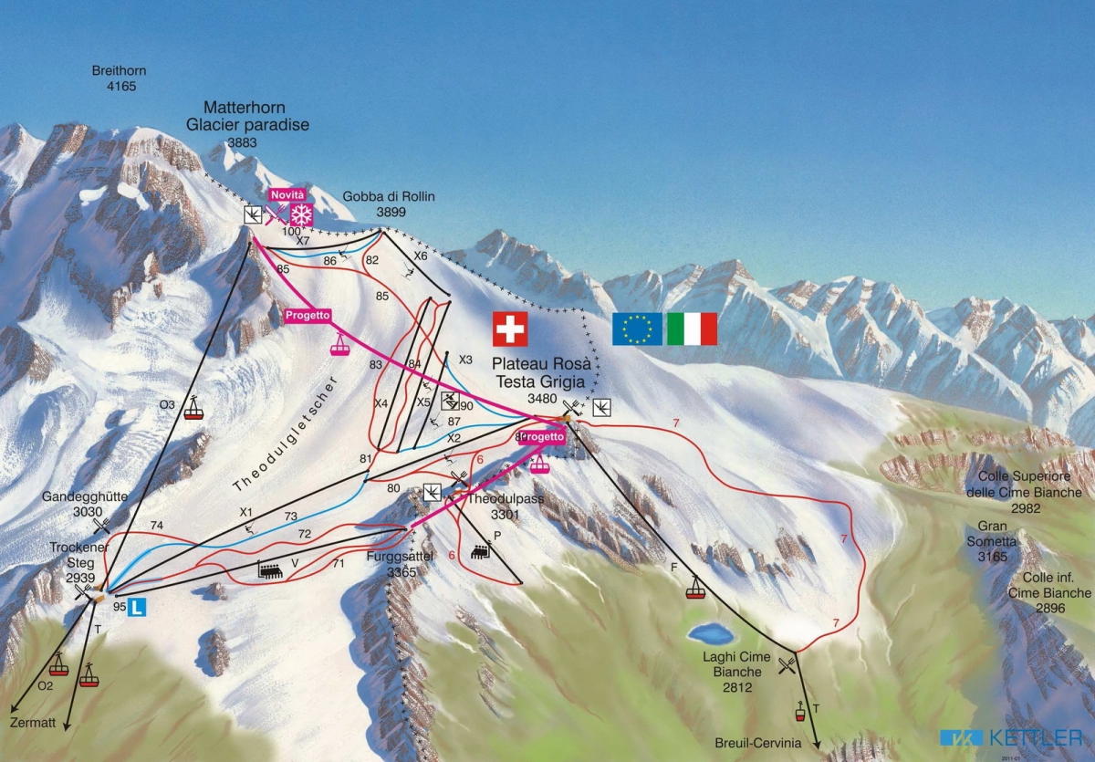 Mapa de esquí de verano en Cervinia
