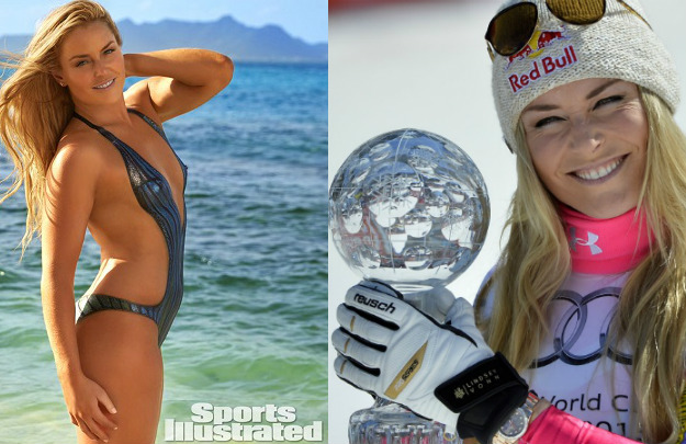 Provocativa, Lindsey Vonn en una sesión de fotos para Sports Ilustrated (izda). A la derecha, con un globo de Cristal