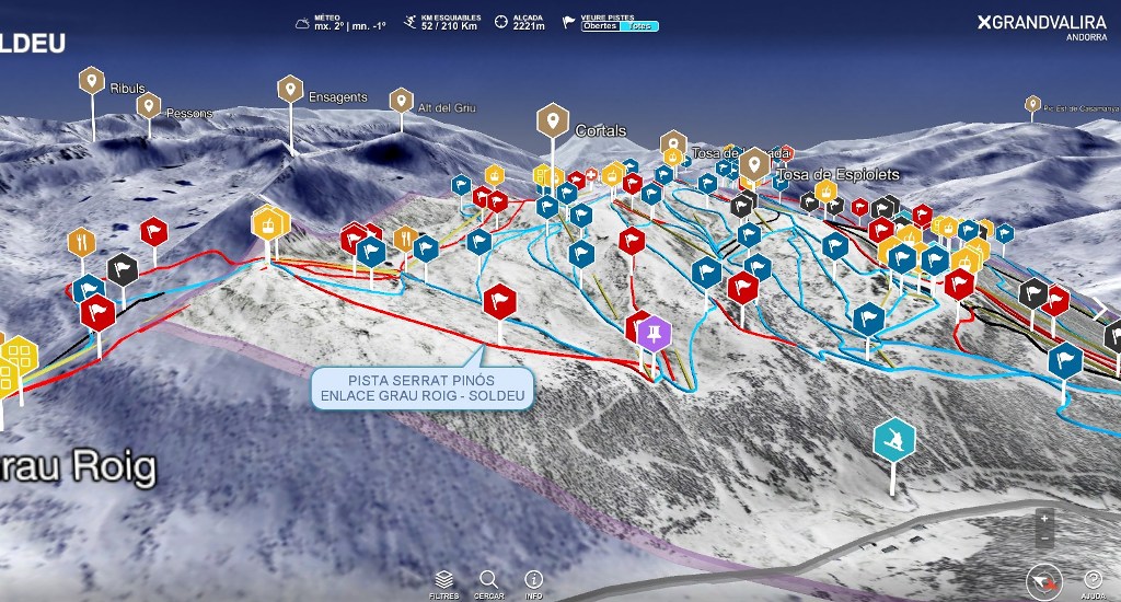 Captura del Mapa 3D de Grandvalira de la pista Serrat Pinós en la aplicación de Tech4Snow