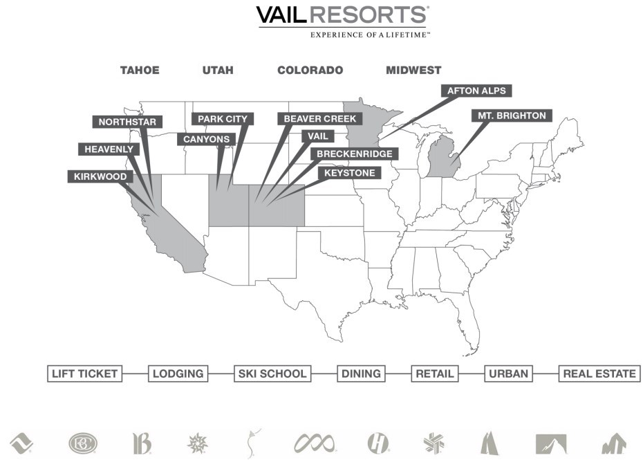 Mapa de Estados Unidos con las estaciones gestionadas por Vail Resorts enla temporada 2014-15 de Vail-Resorts